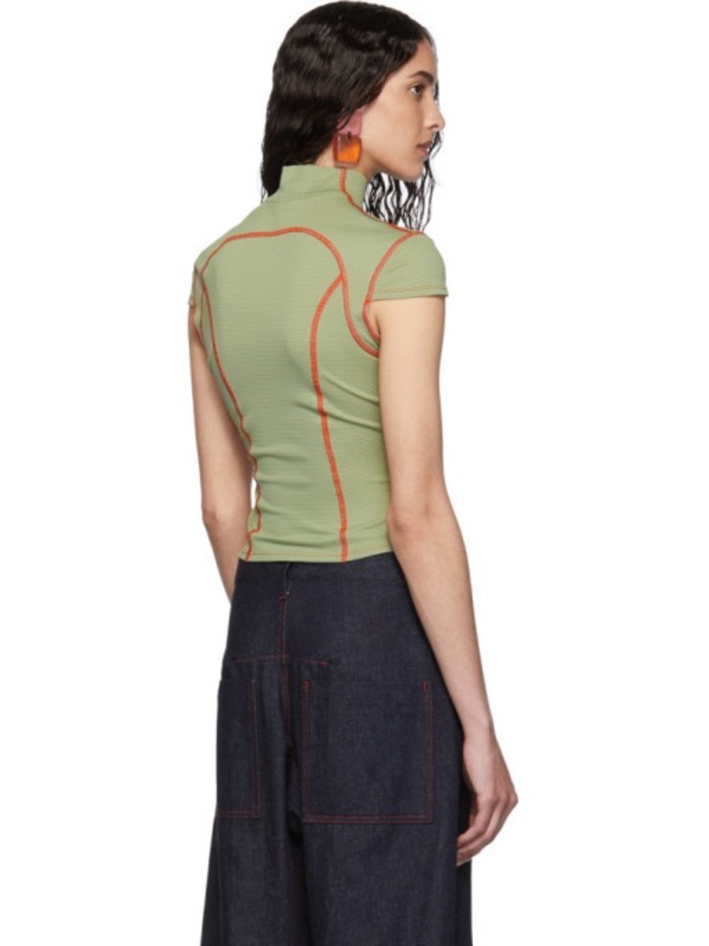 Eckhaus Latta Green Cap-Sleeve Sport Tee with Contrast Stitching - Picture 6 of 6